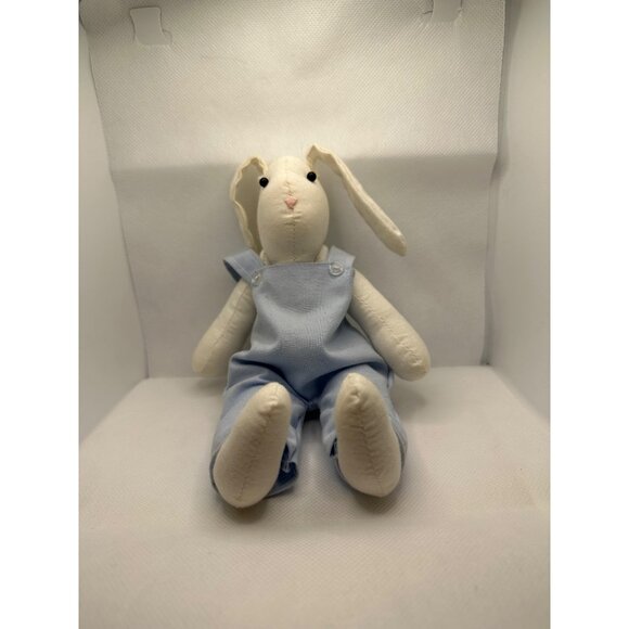 Vtg Applause 8” White Farmhouse plush rabbit stuffed animal primitive overalls - Picture 1 of 5